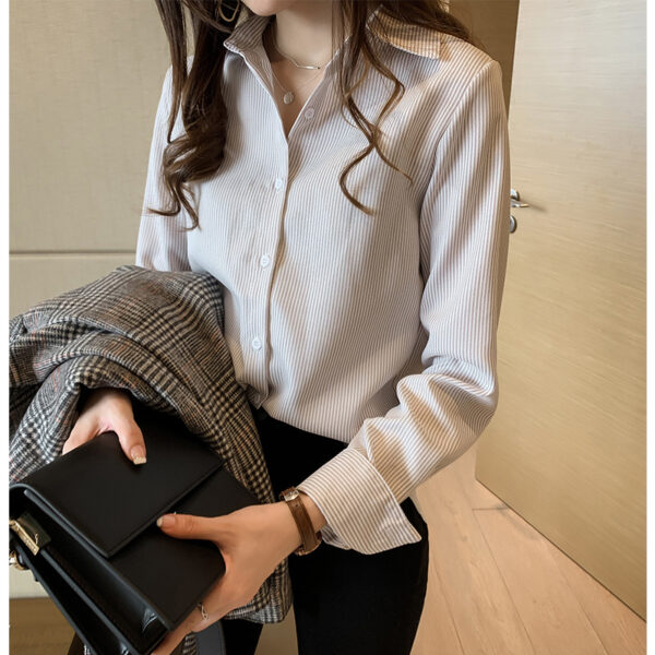 Spring Women's Korean Style Casual Vertical Striped Long-Sleeved Shirt, Trendy Vertical Striped Long-Sleeved Shirt for Women, Stylish Korean Style Spring Shirt