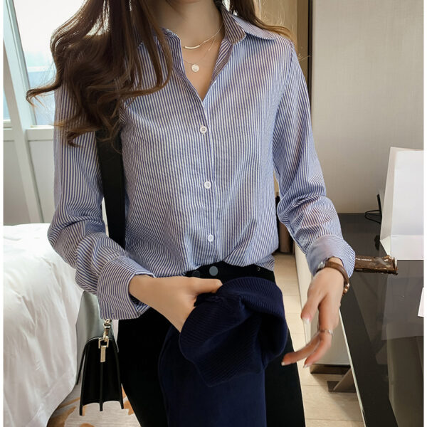 Spring Women's Korean Style Casual Vertical Striped Long-Sleeved Shirt, Trendy Vertical Striped Long-Sleeved Shirt for Women, Stylish Korean Style Spring Shirt