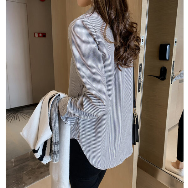 Spring Women's Korean Style Casual Vertical Striped Long-Sleeved Shirt, Trendy Vertical Striped Long-Sleeved Shirt for Women, Stylish Korean Style Spring Shirt