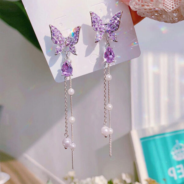 Crystal Purple and White Butterfly Stud Earrings for Women, Elegant Butterfly Stud Earrings with Colorful Crystals, Stylish Purple and White Butterfly Earrings for a Feminine Look