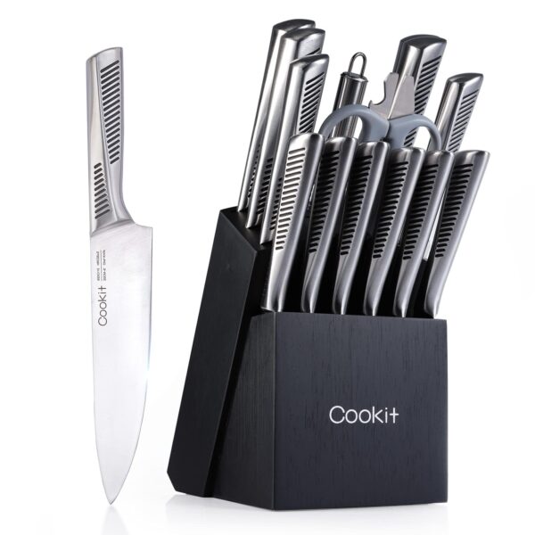 Complete 15-Piece Kitchen Knife Set with Non-Slip Block, German Stainless Steel Chef Knives Set, Multifunctional Kitchen Knife Set with Scissors and Sharpener