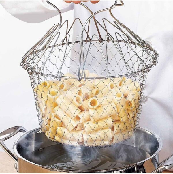 Deep Fry Basket Stainless Steel, Multi-Function Foldable Chef Cooking Basket, Flexible Kitchen Tool for Frying, Washing Fruits, and Vegetables