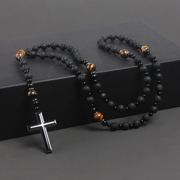 Natural Stone Necklace with Black Volcanic Rock and Tiger Eye, Unique Necklace with Iron Stone Cross and Volcanic Rock, Fashionable Natural Stone Necklace with Cross Pendant