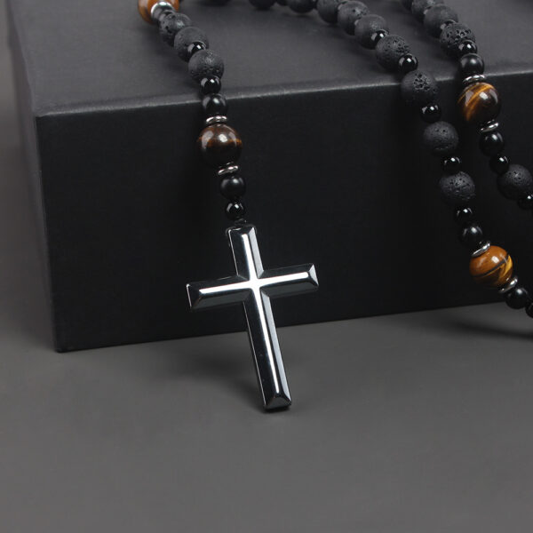 Natural Stone Necklace with Black Volcanic Rock and Tiger Eye, Unique Necklace with Iron Stone Cross and Volcanic Rock, Fashionable Natural Stone Necklace with Cross Pendant