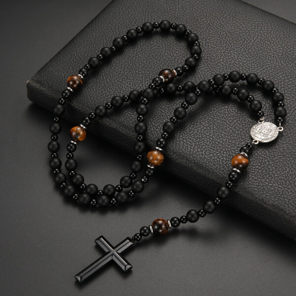 Natural Stone Necklace with Black Volcanic Rock and Tiger Eye, Unique Necklace with Iron Stone Cross and Volcanic Rock, Fashionable Natural Stone Necklace with Cross Pendant