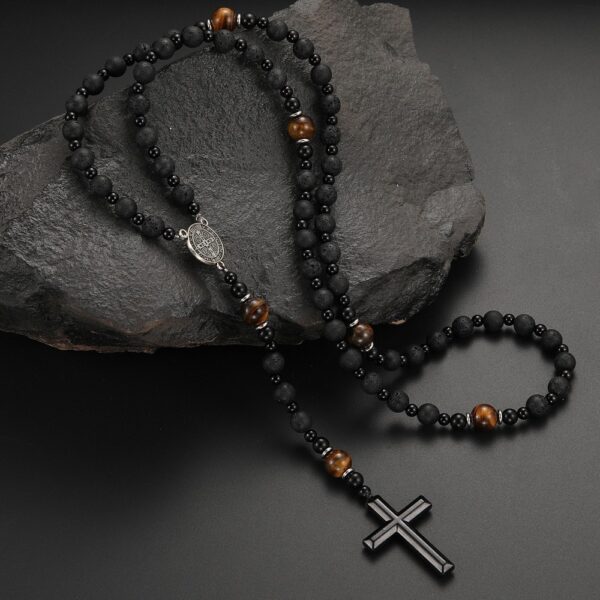 Natural Stone Necklace with Black Volcanic Rock and Tiger Eye, Unique Necklace with Iron Stone Cross and Volcanic Rock, Fashionable Natural Stone Necklace with Cross Pendant