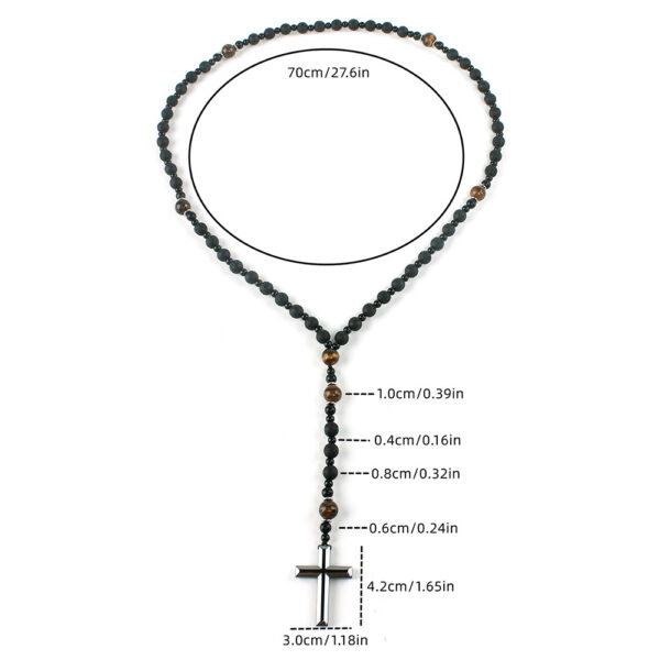 Natural Stone Necklace with Black Volcanic Rock and Tiger Eye, Unique Necklace with Iron Stone Cross and Volcanic Rock, Fashionable Natural Stone Necklace with Cross Pendant