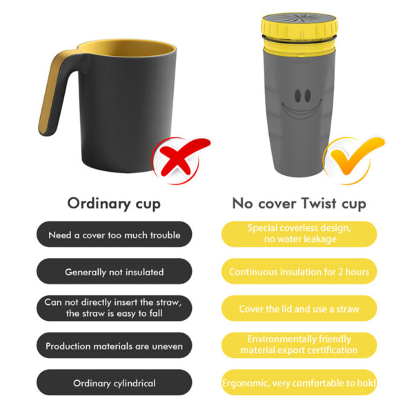 Portable Twist Cup with Straw for Travel, Insulated Tumbler for Kids and Adults, Versatile No-Cover Travel Tumbler for Easy Drinking