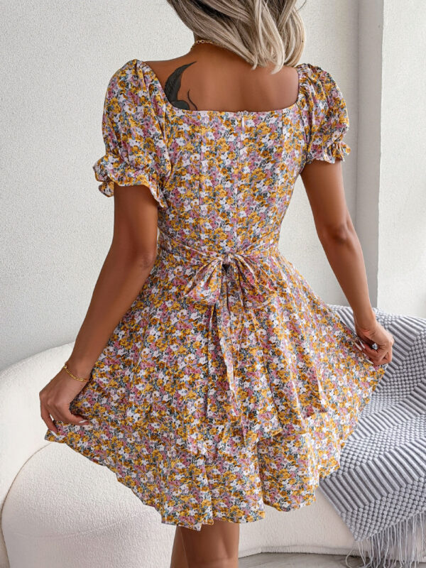 Women's Mini Dress with Big Swing Loose Hem and Flower Print, Temperament Shirring Dress with Short Sleeves and High Waist, Stylish Summer Dress for Women