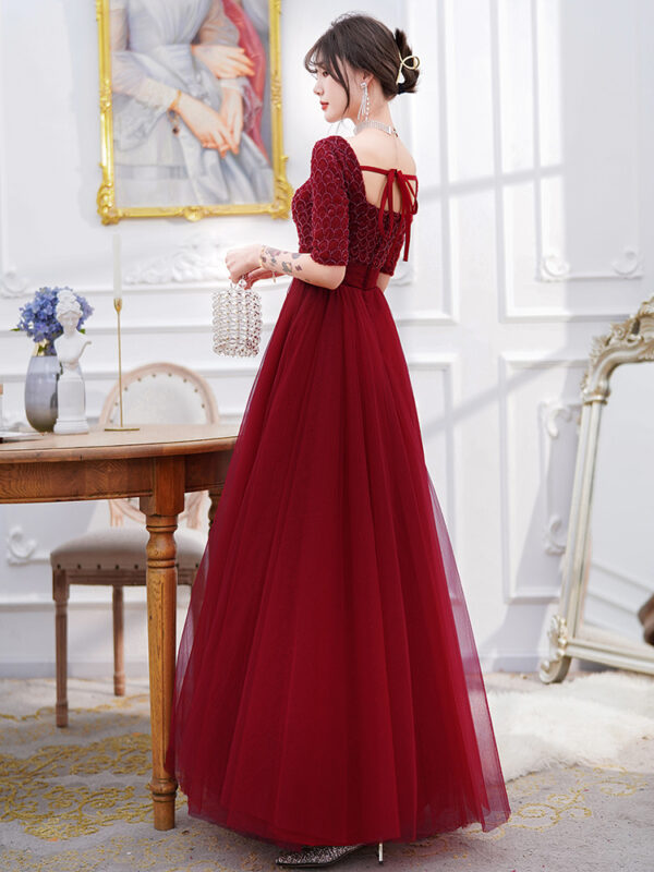 Wine Red Long Sleeve Engagement Evening Dress, Female Long Sleeve Back Door Evening Dress in Wine Red, Elegant Wine Red Evening Dress with Long Sleeves