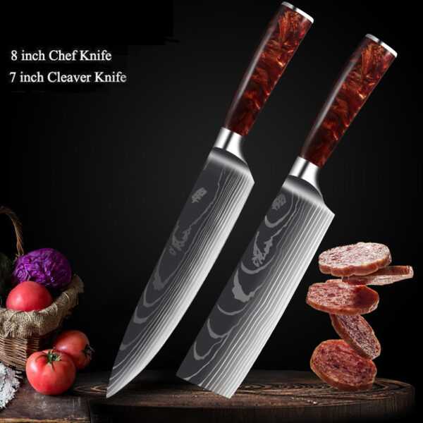 Red Resin Handle Damascus Laser Pattern Kitchen Knife Set, Stylish Damascus Kitchen Knives with Red Resin Handle, Premium Damascus Steel Knife Set with Laser Pattern