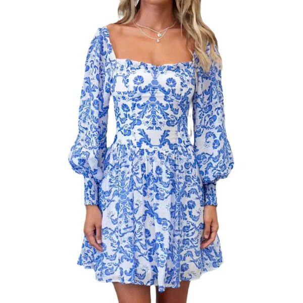 Square Collar Printed Long Sleeve Mini Dress for Women, Stylish Mini Dress with Square Collar and Long Sleeves, Trendy Printed Long Sleeve Mini Dress