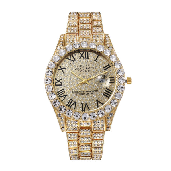 Full Diamond Surface Roman Scale Steel Watch, Luxury Diamond-Encrusted Roman Scale Steel Watch, Elegant Full-Diamond Roman Steel Watch