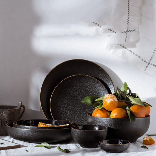 Elegant Black Ceramic Tableware Set with Plate, Bowl, and Fruit Plate, Stylish Phnom Penh-Inspired Design, Perfect for Modern Dining