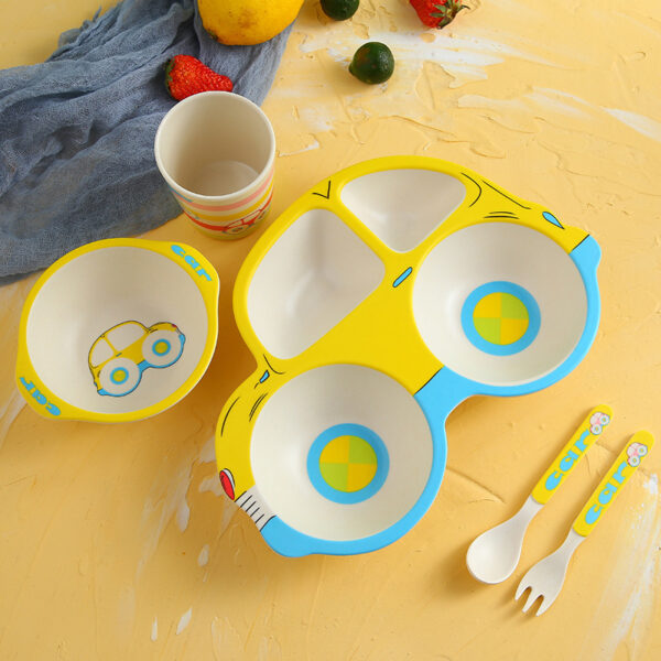 Children's Bamboo Fiber Tableware Kindergarten Children's Eating Grid Plate Household Cartoon Bowl Spoon Fork Cup Set, Eco-Friendly Bamboo Fiber Tableware for Kids