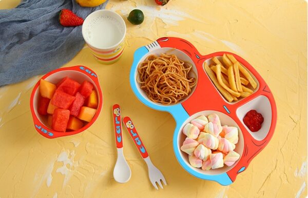 Children's Bamboo Fiber Tableware Kindergarten Children's Eating Grid Plate Household Cartoon Bowl Spoon Fork Cup Set, Eco-Friendly Bamboo Fiber Tableware for Kids