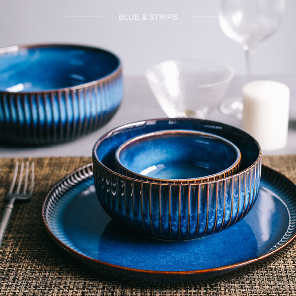 Kiln Turned Blue Ceramic Tableware Noodle Bowl , Traditional Blue Glazed Ceramic Noodle Bowls , Kiln-Fired Japanese Noodle Bowls