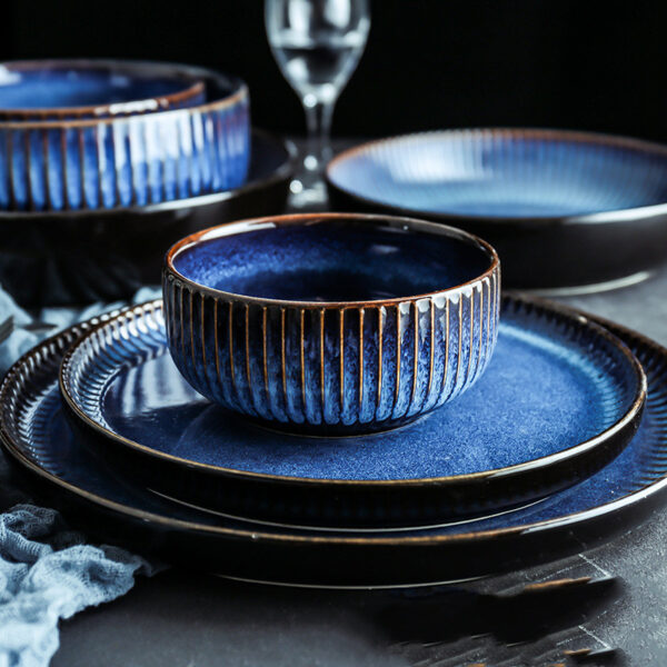 Kiln Turned Blue Ceramic Tableware Noodle Bowl , Traditional Blue Glazed Ceramic Noodle Bowls , Kiln-Fired Japanese Noodle Bowls