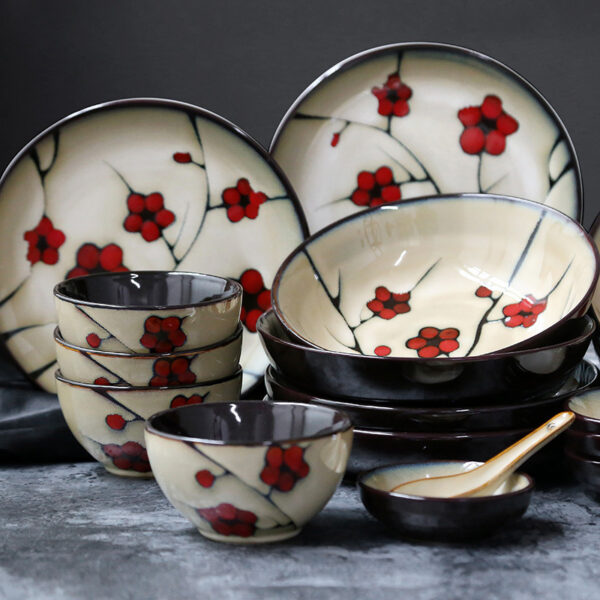 Beautiful Japanese Style Flower Ceramic Tableware, Household Dishes for Elegant Dining, Floral Design for a Touch of Tradition