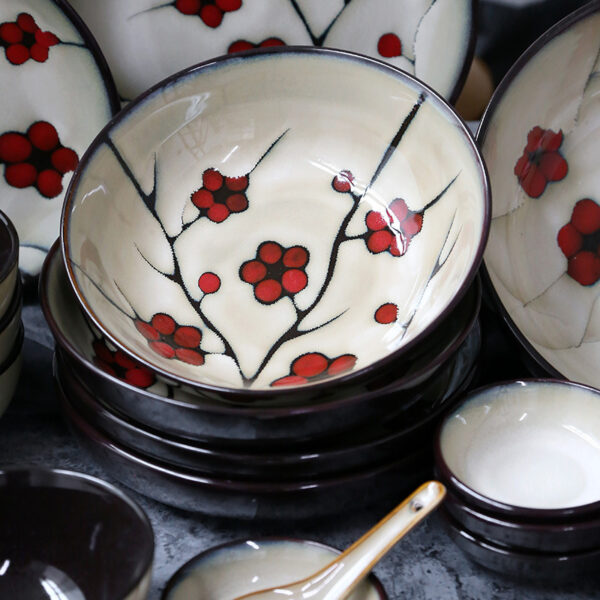 Beautiful Japanese Style Flower Ceramic Tableware, Household Dishes for Elegant Dining, Floral Design for a Touch of Tradition