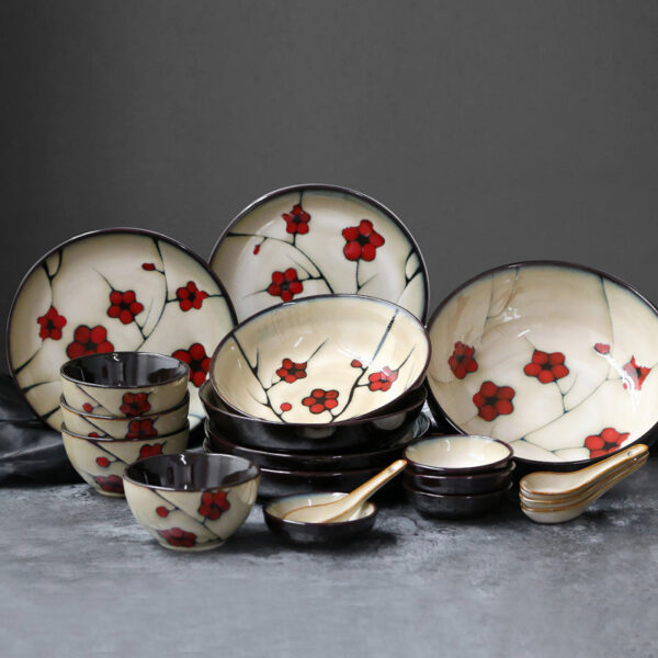 Beautiful Japanese Style Flower Ceramic Tableware, Household Dishes for Elegant Dining, Floral Design for a Touch of Tradition