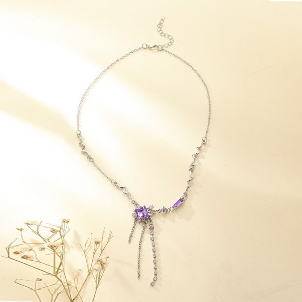 Purple Square Crystal Necklace for Women with Tassel, Elegant Fairy Temperament Long Crystal Necklace, High-End Purple Crystal Collarbone Chain