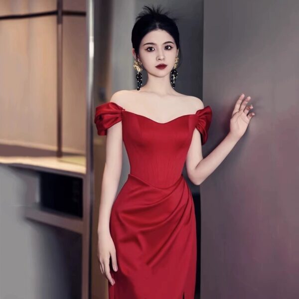 Fashionable Wine Red Engagement Dress, Casual Wedding Dress for Brides, Small Size Back-to-Door Dress