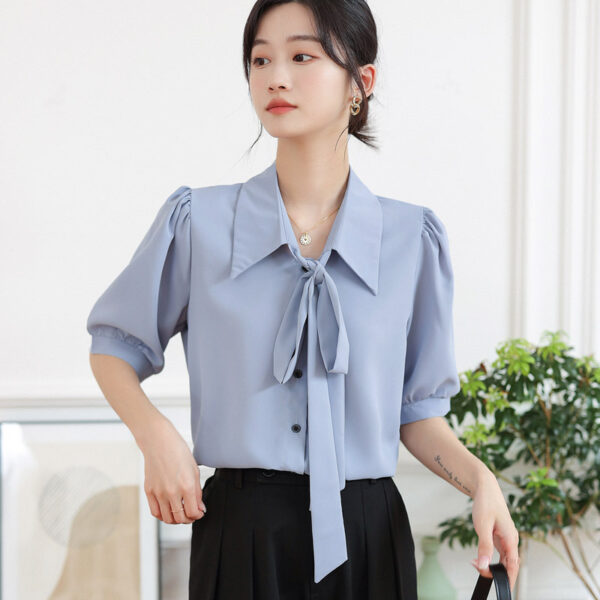 Smoke Blue Short-Sleeved Chiffon Shirt with Korean Style Ribbon Detail, Elegant Smoke Blue Chiffon Top with Short Sleeves, Korean-Inspired Smoke Blue Chiffon Shirt with Ribbon Accent