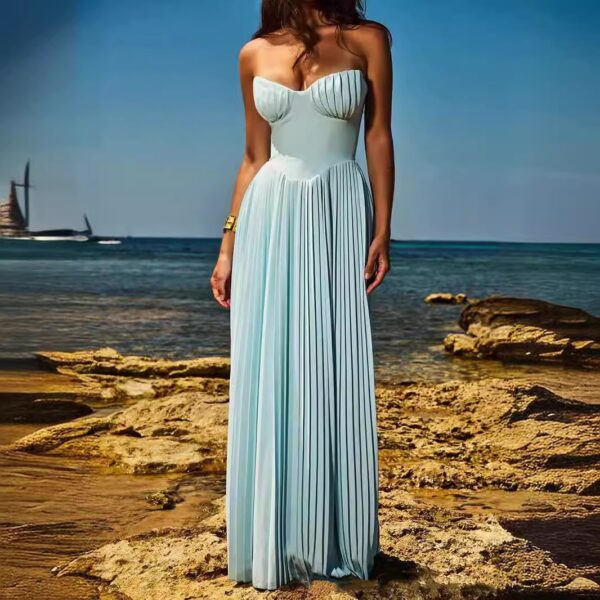 Blue Strapless Slimming Pleated Dress, Tight-Fitting Blue Pleated Dress, Trendy Strapless Slimming Dress