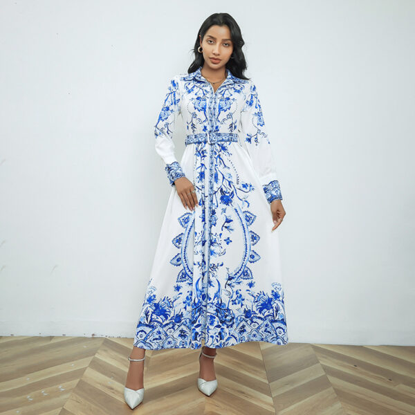 Real Shot Long Sleeve Stand Collar Retro Printed Dress, Trendy Retro Printed Long Sleeve Dress, Stylish Stand Collar Dress