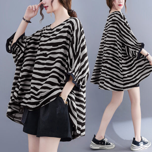 Summer Women's Loose Plus Size Striped Batwing Sleeve T-shirt, Plus Size Striped Batwing Sleeve T-shirt for Summer, Women's Summer Loose Striped Batwing T-shirt