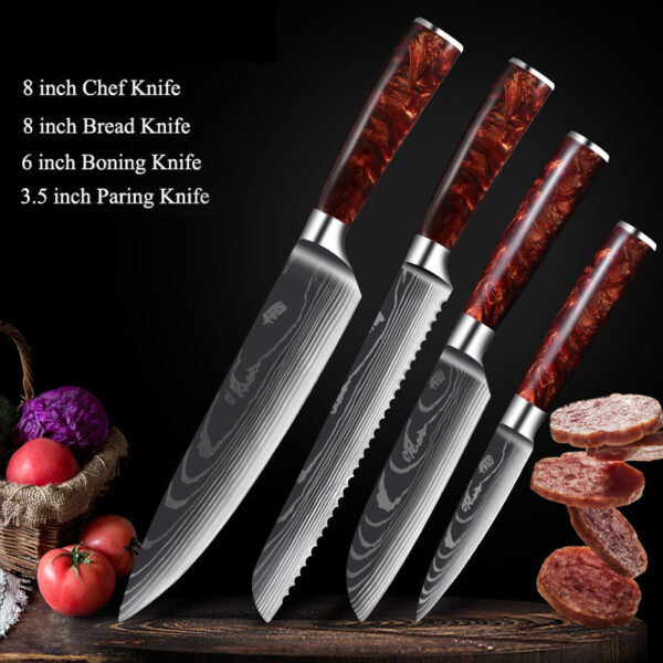 Red Resin Handle Damascus Laser Pattern Kitchen Knife Set, Stylish Damascus Kitchen Knives with Red Resin Handle, Premium Damascus Steel Knife Set with Laser Pattern