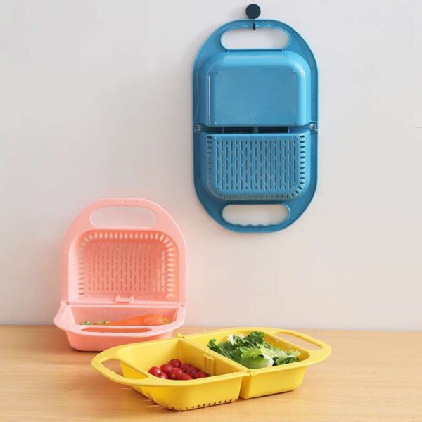 Folding Drain Basket Leaking Fruit Box Vegetable Container Drain Rack Sink with Handle Storage Baskets, Collapsible Fruit and Vegetable Drain Basket with Handle, Multifunctional Sink Drain Rack and Storage Basket