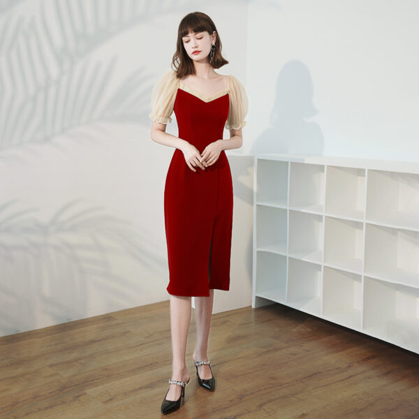 Burgundy Medium-Length Dress for Women, Elegant Burgundy Dress, Stylish Mid-Length Women’s Gown