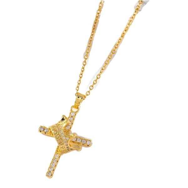 18K Gold Crown Cross Clavicle Chain Necklace, Zircon Pendant Clavicle Necklace with Crown Design, Elegant Crown Cross Necklace in 18K Gold