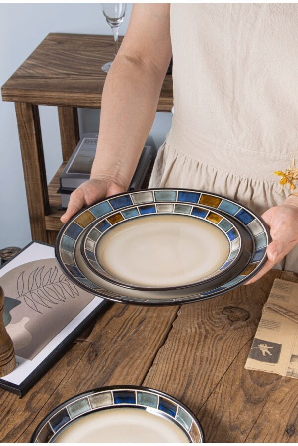 Underglaze Blue Checkered Tableware Set, Elegant Blue Checkered Ceramic Tableware, Stylish and Classic Dining Set