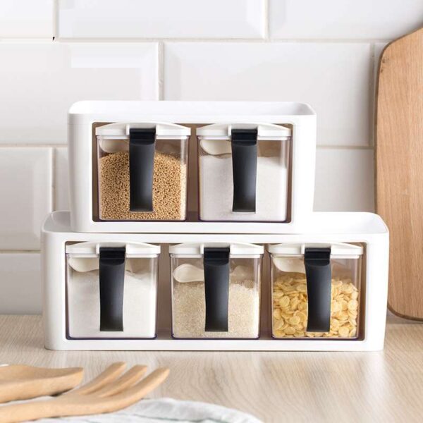 Plastic Spice Rack Stacked Storage Seasoning Boxes, Multi-Tier Spice Jars with Handle & Spoon, Kitchen Herb Condiment Organizer