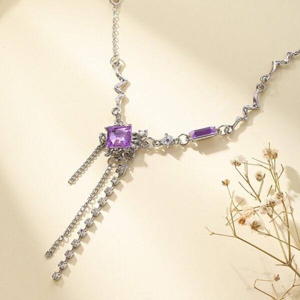 Purple Square Crystal Necklace for Women with Tassel, Elegant Fairy Temperament Long Crystal Necklace, High-End Purple Crystal Collarbone Chain