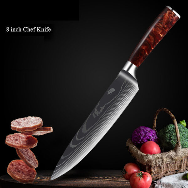 Red Resin Handle Damascus Laser Pattern Kitchen Knife Set, Stylish Damascus Kitchen Knives with Red Resin Handle, Premium Damascus Steel Knife Set with Laser Pattern