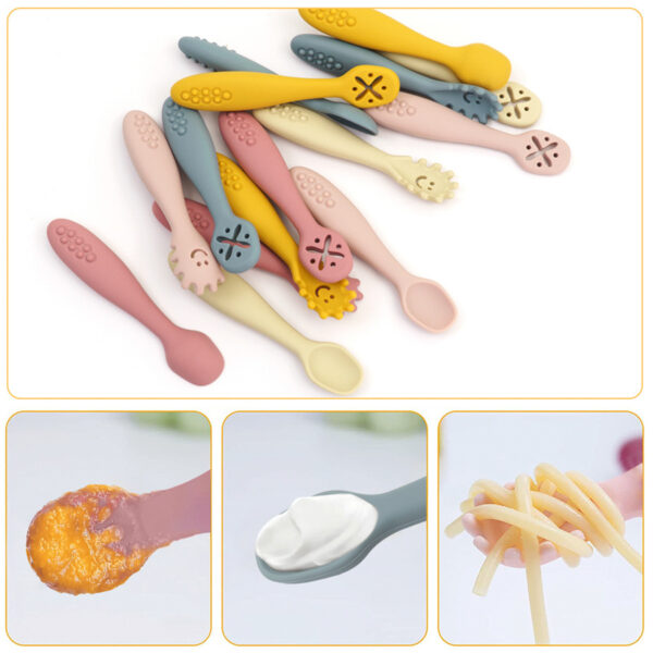 Set of 3 Silicone Spoons and Forks for Baby, Soft and Safe Baby Cutlery, Non-Toxic Silicone Baby Feeding Utensils