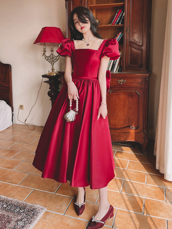 Winter Wine Red Satin Dress, French Princess Engagement Dress, Daily Wear Wine Red Satin Gown