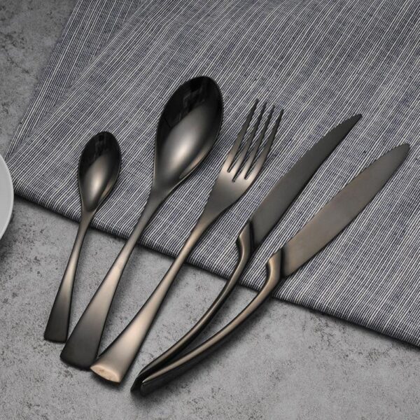 4-Piece Black Stainless Steel Cutlery Set, Korean Dinnerware with Mirror Polishing, Elegant Knife, Fork, and Spoon Set