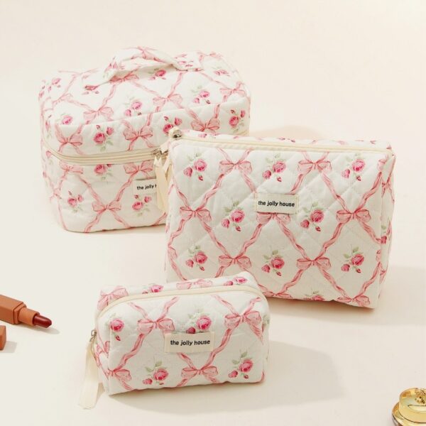 Bow Cotton Makeup Bag with Large Capacity, Ins Style Portable Storage Bag, Stylish and Practical Wash Bag