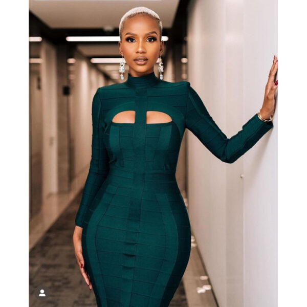 Dark Green Stand Collar Long Sleeve Bandage Dress, Slim Fit Elegant Bandage Gown, Stylish Long Sleeve Green Dress