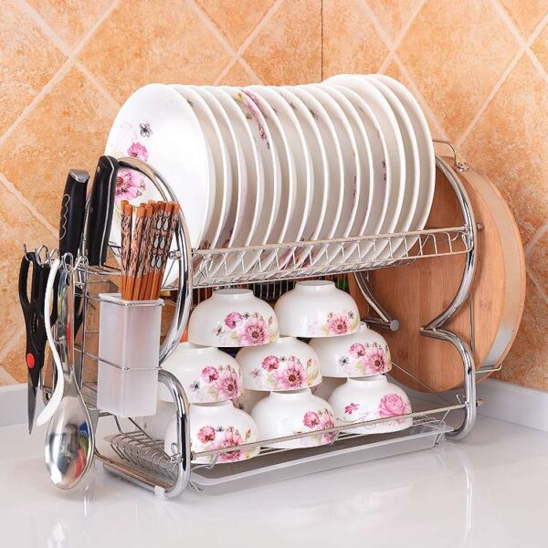 Double-Layer Stainless Steel Dish Rack, Kitchen Storage and Draining Rack, Durable Dish Organizer