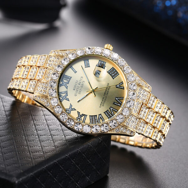 Full Diamond Surface Roman Scale Steel Watch, Luxury Diamond-Encrusted Roman Scale Steel Watch, Elegant Full-Diamond Roman Steel Watch