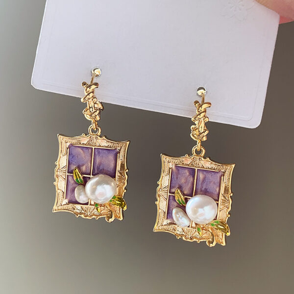 Silver Needle Square Flower Drop Oil Pearl Earrings, Chic Square Flower Drop Pearl Earrings with Silver Needle, Stylish Silver Needle Pearl Drop Earrings