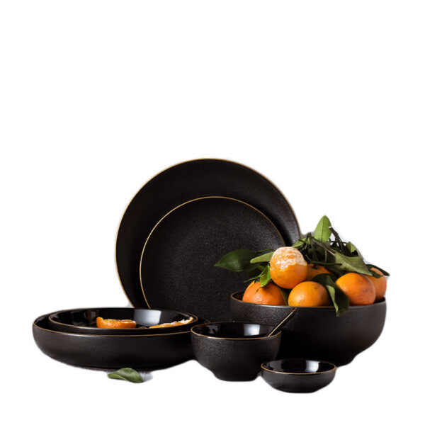 Elegant Black Ceramic Tableware Set with Plate, Bowl, and Fruit Plate, Stylish Phnom Penh-Inspired Design, Perfect for Modern Dining