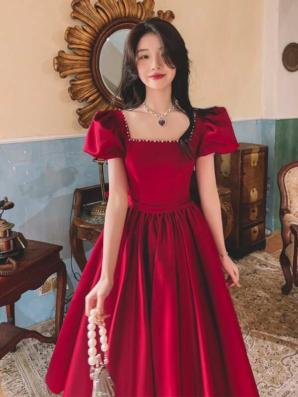 Winter Wine Red Satin Dress, French Princess Engagement Dress, Daily Wear Wine Red Satin Gown