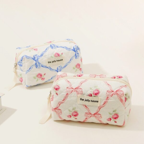 Bow Cotton Makeup Bag with Large Capacity, Ins Style Portable Storage Bag, Stylish and Practical Wash Bag